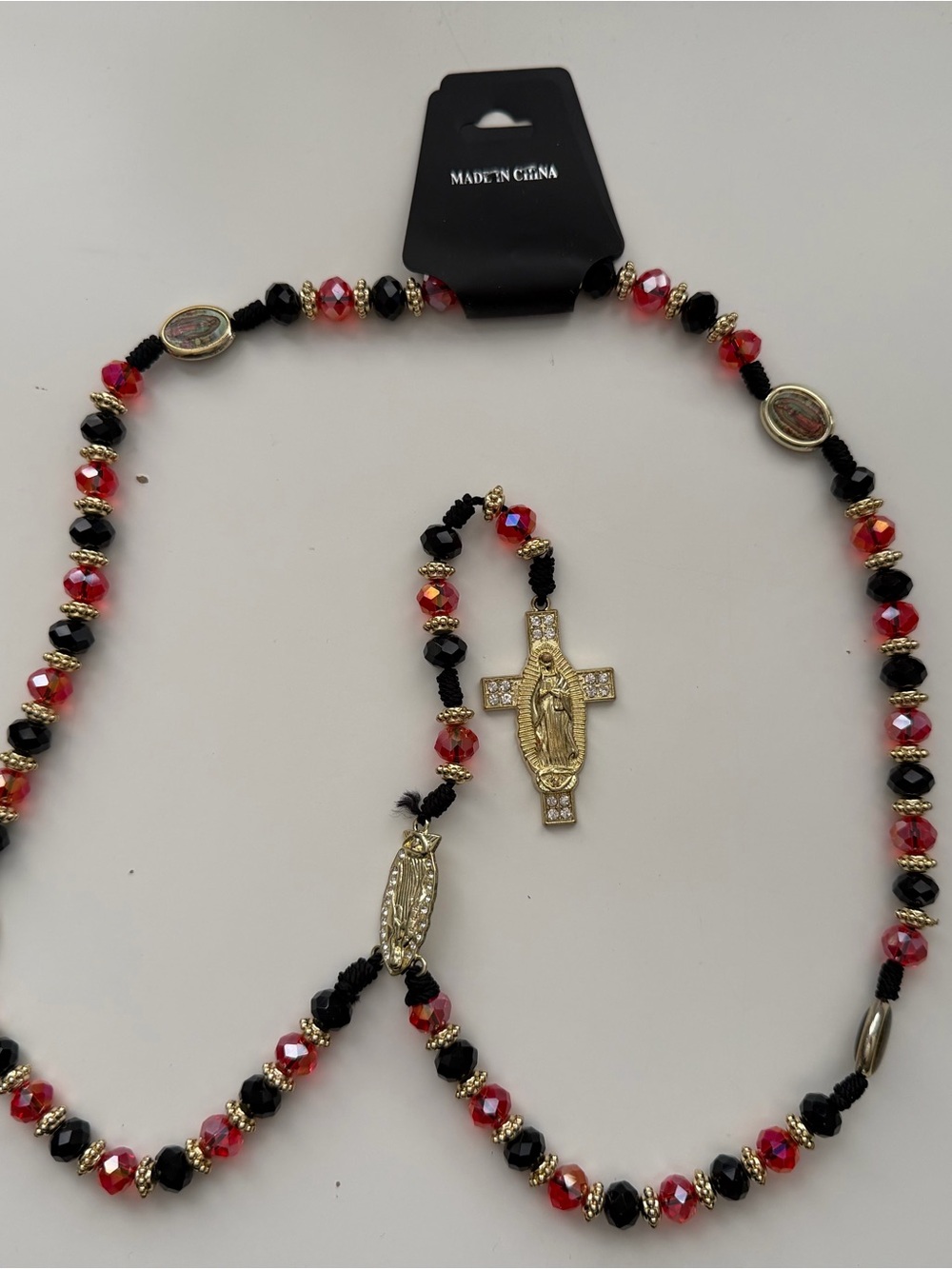 Beaded Rosary-Style Necklace with Red and Black Beads